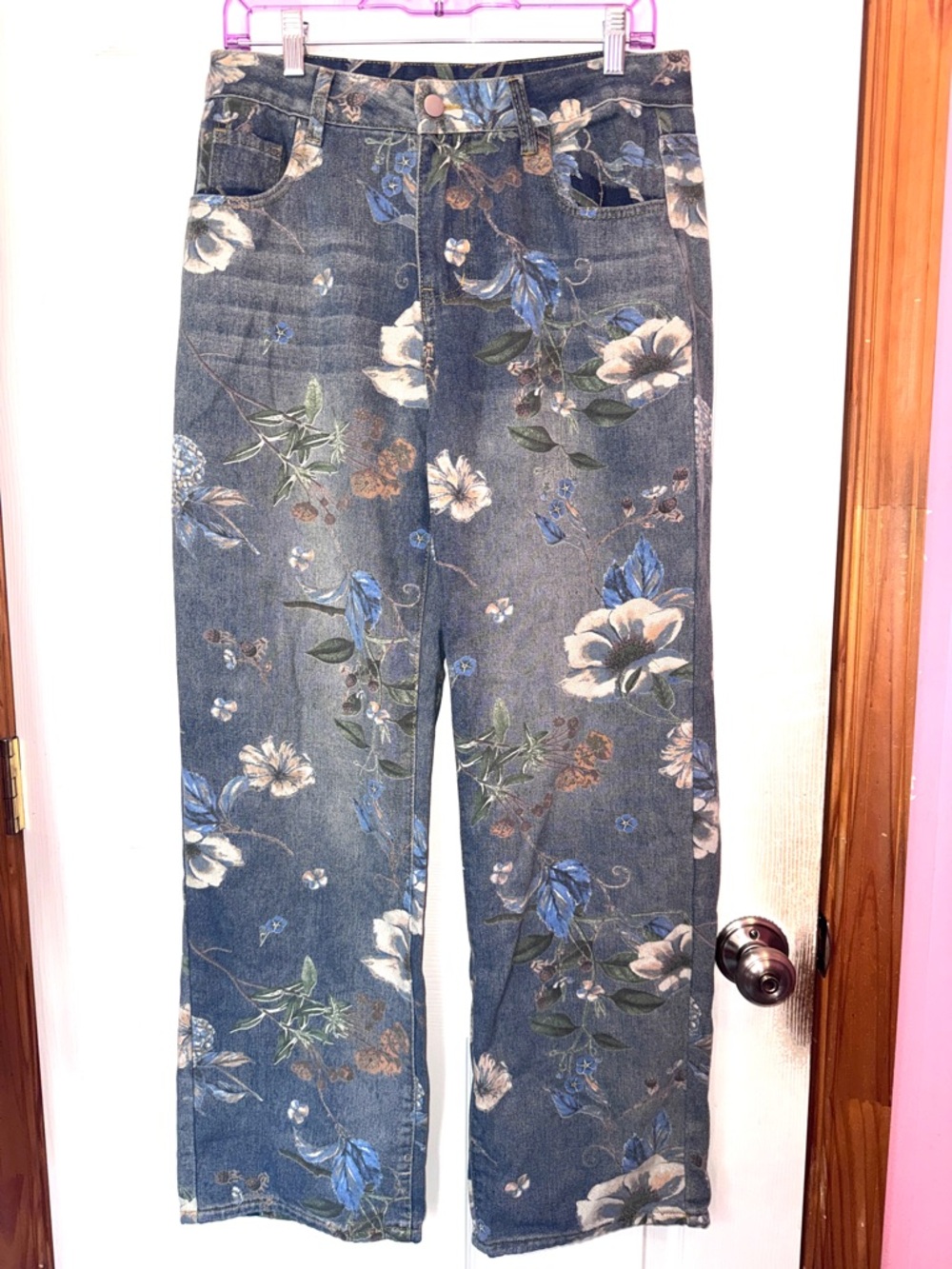 SHEIN Denim Floral Wide-Leg Jeans